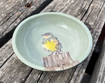 Hand painted Meadowlark Trinket Dish, tea bag rest, Fledgling Birds, Stocking Stuffer, Home Decor, Handmade Pottery by Daisy Friesen