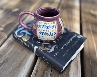 Literary Mug, We are all stardust and stories, The Starless Sea, Erin Morgenstern, Purple, Bee, Key, Pottery Handmade by Daisy Friesen