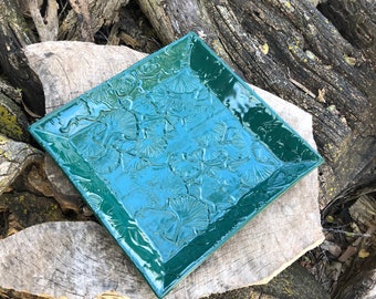 Dark Green Square Serving Tray Stamped Ginkgo Leaf Texture, Plate, Wedding Gift, Handmade Pottery by Daisy Friesen- READY TO SHIP