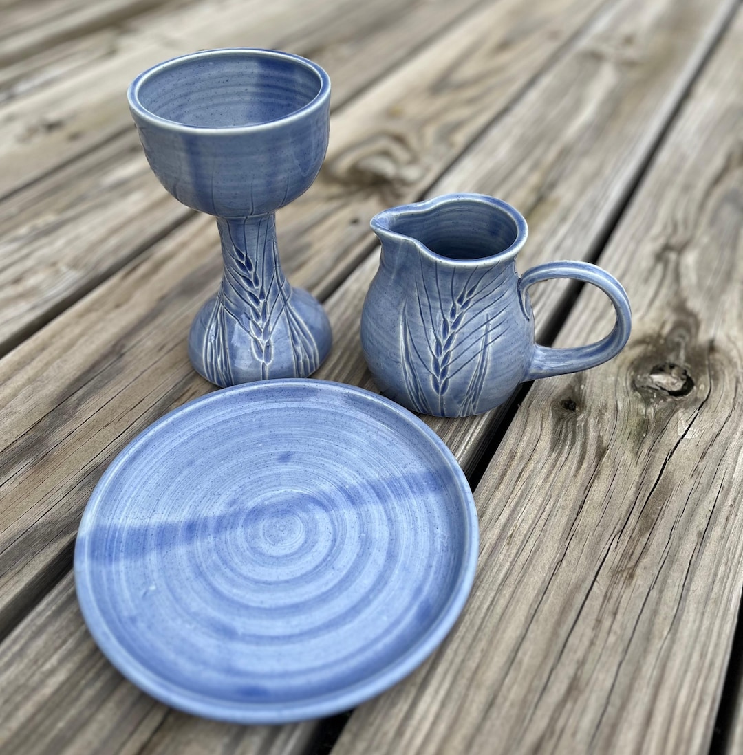 Periwinkle Wheat Chalice and Paten and Pitcher Communion Set Wedding ...