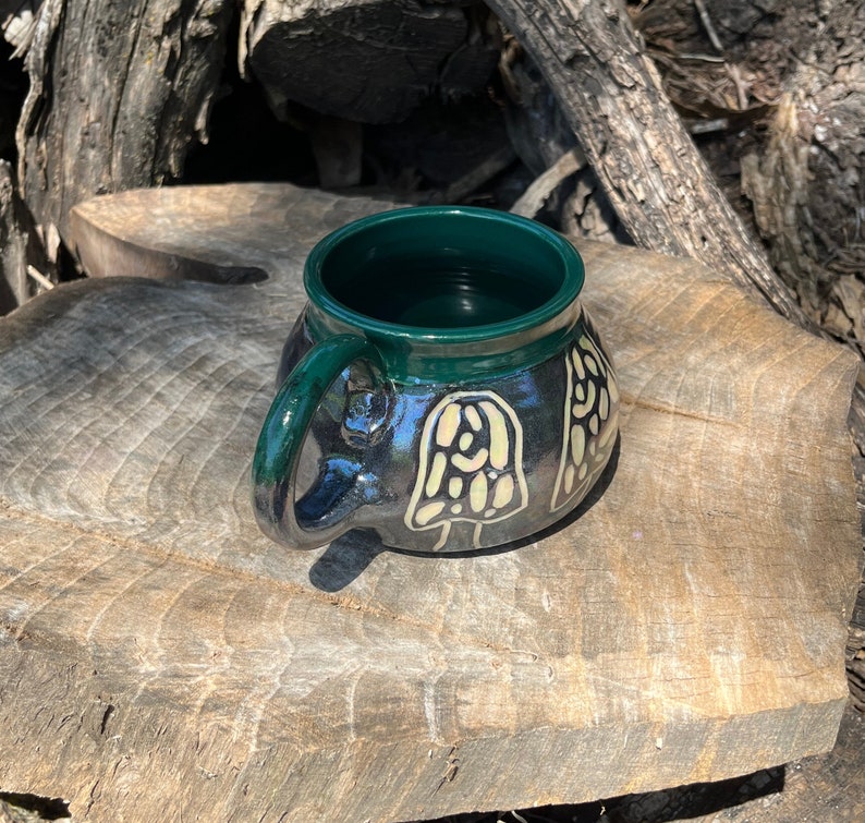 Large Mug, Morel Mushroom, Green, Birthday Gift, Coffee Mug, Teacup, Sgraffito, Pottery Handmade by Daisy Friesen image 2