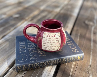 Raspberry Literary Mug, Addie LaRue, Art is about ideas, V. E. Schwab, Graduation Gift, Coffee Mug, Handmade Pottery by Daisy Friesen