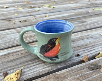 Small Fledgling Robin Mug, Hand Painted, Birdwatcher Gift, Holiday Gift, Coffee Mug, Teacup Art, Handmade Pottery by Daisy Friesen