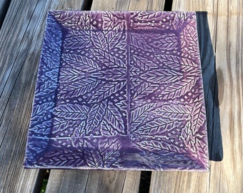 Purple Square Serving Tray Stamped Leaf Texture, Plate, Wedding Gift, Handmade Pottery by Daisy Friesen