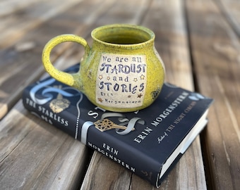 Literary Mug, We are all stardust and stories, The Starless Sea, Erin Morgenstern, Chartreuse, Bee, Key, Pottery Handmade by Daisy Friesen