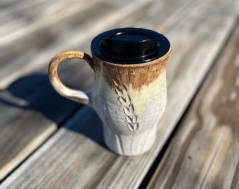 Travel Mug, Lidded Cup, Boho Wheat, Teacher Gift, Coffee Mug, Pottery Handmade by Daisy Friesen