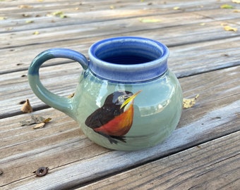 Fledgling Robin Mug, Hand Painted, Periwinkle Blue, Bird Watcher gift, Coffee Mug, Handmade Pottery by Daisy Friesen