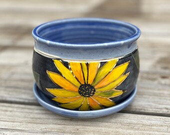 Sunflower Planter, Flowerpot, Housewarming Gift, Hand painted, Home Décor, Teacher Gift, Handmade Pottery by Daisy Friesen