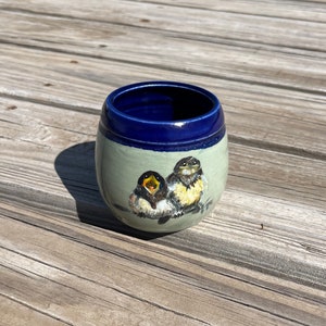 May include: A small, round ceramic mug with a blue rim and a light green body. The mug features a hand-painted design of two birds perched on a branch.