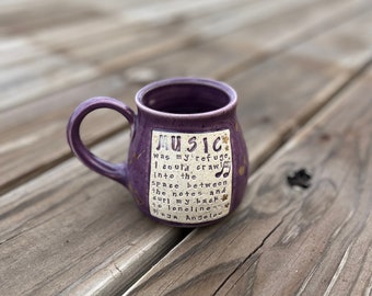 Literary Mug, Maya Angelou, Music, Purple, Gold Music Notes, Coffee Mug, Teacup, Gift for musician-Handmade Pottery by Daisy Friesen