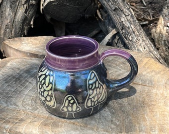Large Mug, Morel Mushroom, Purple, Birthday Gift, Coffee Mug, Teacup, Sgraffito, Pottery Handmade by Daisy Friesen