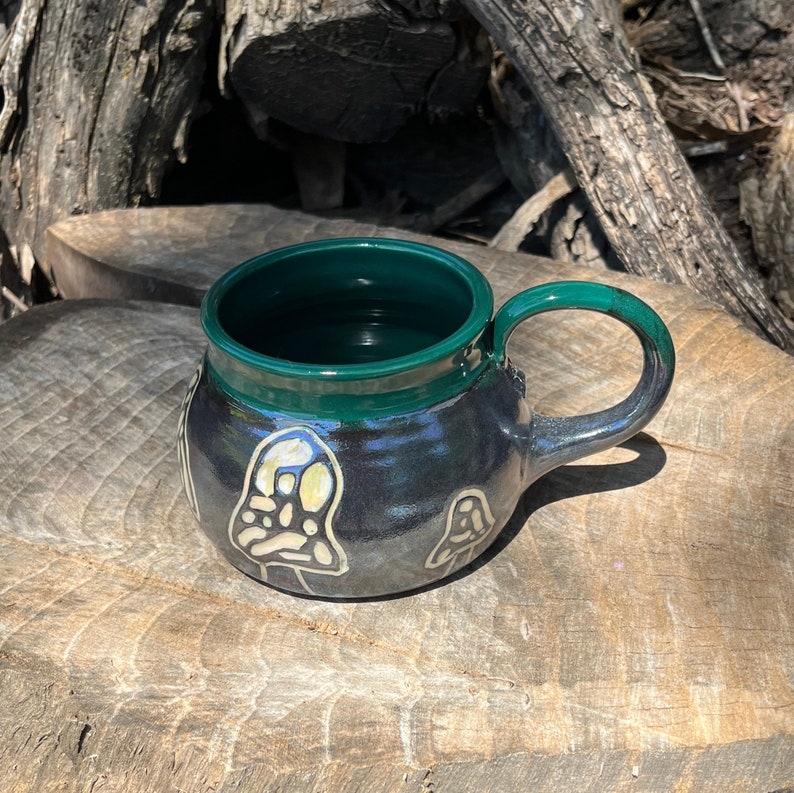 Large Mug, Morel Mushroom, Green, Birthday Gift, Coffee Mug, Teacup, Sgraffito, Pottery Handmade by Daisy Friesen image 3