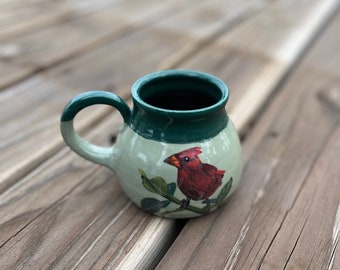 Fledgling Cardinal Mug, Hand Painted, Green, Birdwatcher Gift, Mother's Day gift, Coffee Mug, Art, Handmade Pottery by Daisy Friesen