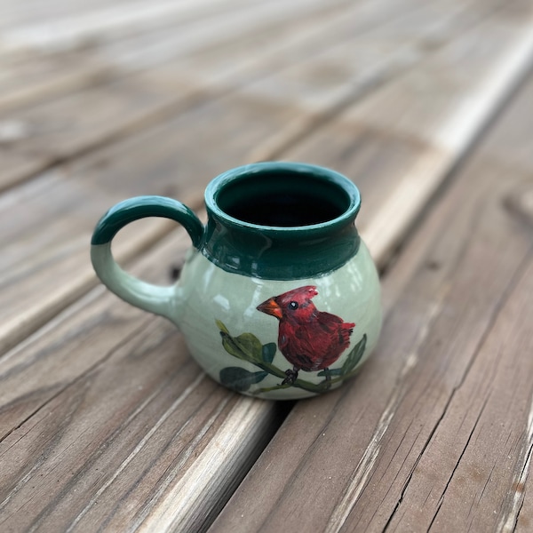 Fledgling Cardinal Mug, Hand Painted, Green, Birdwatcher Gift, Mother's Day gift, Coffee Mug, Art, Handmade Pottery by Daisy Friesen