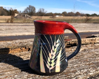 Red Wheat Mug Black and White with Mother-of-Pearl luster Pottery Handmade by Daisy Friesen
