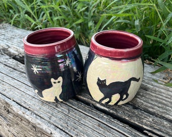 Halloween, Cat Wine Cups, Set of two, Cocktail Tumblers, Stemless Wine Glass, Black and White, Sgraffito, Handmade Pottery by Daisy Friesen