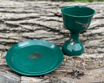 Musical Instruments, Hemlock Green, Chalice and Paten, Communion Set, Wedding Ceramony, Church Service, Handmade Pottery by Daisy Friesen