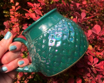 Green Dragon Scale Mug, Mermaid Style Gift, Christmas Gift, Coffee Mug, Tea Cup, Kitchen Cup, Handmade Pottery by Daisy Friesen