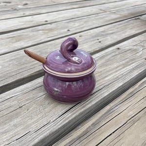 May include: A small, round, purple ceramic jar with a lid and a wooden spoon. The lid has a decorative swirl handle and silver insect designs. The jar is on a weathered wooden surface.