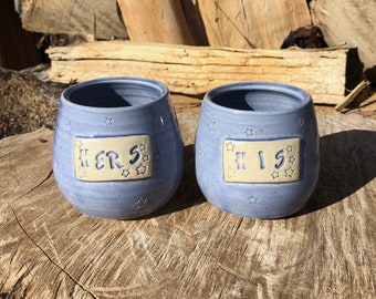 Periwinkle His and Hers Wine cups Set of 2, Tumblers, stars, Bridal Shower, Wedding, Stemless Wine Glass, Handmade by Daisy Friesen