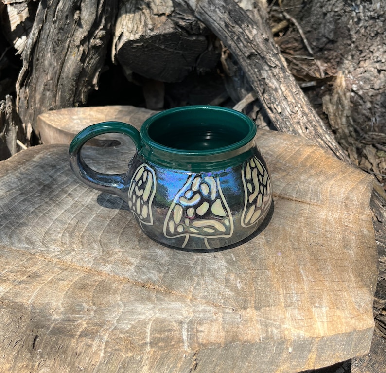 Large Mug, Morel Mushroom, Green, Birthday Gift, Coffee Mug, Teacup, Sgraffito, Pottery Handmade by Daisy Friesen image 1