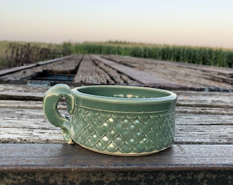 Spring Green Dragon Scale/ Mermaid Soup Mug Handmade Pottery by Daisy Friesen