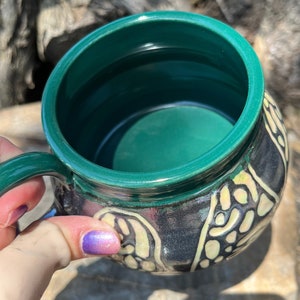 Large Mug, Morel Mushroom, Green, Birthday Gift, Coffee Mug, Teacup, Sgraffito, Pottery Handmade by Daisy Friesen image 4