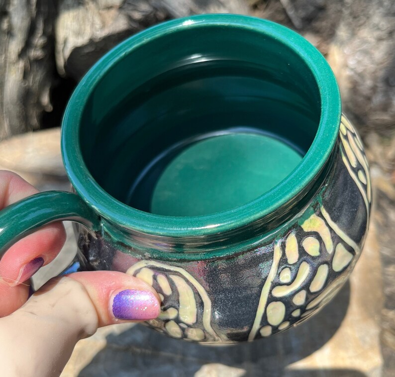 Large Mug, Morel Mushroom, Green, Birthday Gift, Coffee Mug, Teacup, Sgraffito, Pottery Handmade by Daisy Friesen image 4