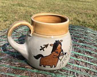 Second, Sagittarius Mug, Hand Painted, Yellow, Zodiac Sign, Coffee Mug, Birthday Gift, Handmade Pottery by Daisy Friesen