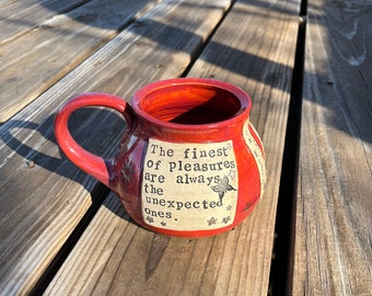 Literary Mug-The Finest of Pleasures-The Night Circus- Erin Morgenstern -Red, Gold, Coffee Mug, Gift for Reader -Handmade by Daisy Friesen