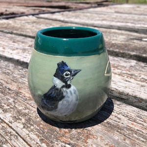 May include: A green ceramic mug with a painted blue jay design. The bird is facing to the right and has a white chest and black wings.