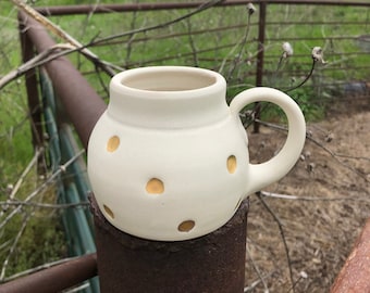 White Polka Dot Mug, Gold Dots, Coffee Mug, Tea Cup, Kitchen Cup, Birthday Gift, Pottery Handmade by Daisy Friesen