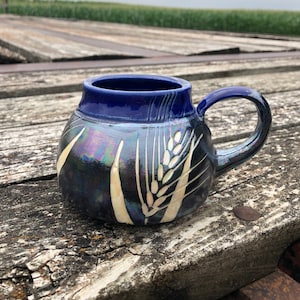 Large Wheat Mug, Black and White, Cobalt Blue, Coffee Mug, Tea Cup, Kitchen Cup, Housewarming Gift, Pottery Handmade by Daisy Friesen