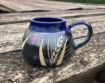 Large Wheat Mug, Black and White, Cobalt Blue, Coffee Mug, Tea Cup, Kitchen Cup, Housewarming Gift, Pottery Handmade by Daisy Friesen
