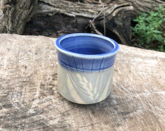 Pottery Wheat shot cup, Periwinkle and Gray, 2 oz., Barware, Tiny Cup, Shot Glass, Handmade by Daisy Friesen