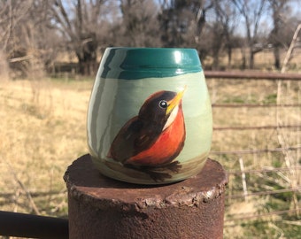 Fledgling Robin Wine Cup, Tumbler, Hand Painted, Deep Green, Wedding Gift, Handmade Pottery by Daisy Friesen