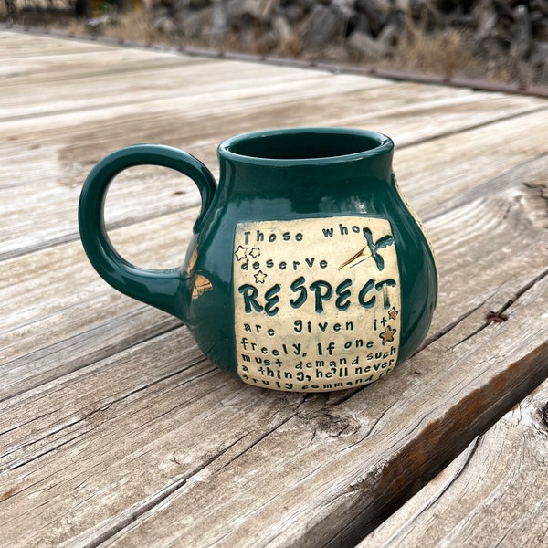 Large Literary Mug, Respect, Stalking Jack the Ripper, Green, Gold Key, Gift for Reader, Pottery Handmade by Daisy Friesen