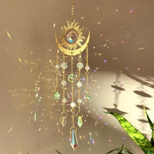 Zonnevanger halve maan met kristal, regenboogmaker, raamdecoratie, boho-zonnevanger, hangende woondecoratie