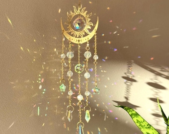 Capteur de soleil demi-lune avec cristal, fabricant arc-en-ciel, décoration de fenêtre, attrape-soleil bohème, décoration d'intérieur suspendue
