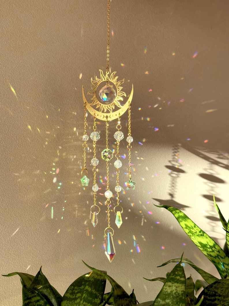 Atrapasueños de media luna con cristal, creador de arcoíris, decoración de ventana, atrapasueños bohemio, decoración colgante para el hogar imagen 1
