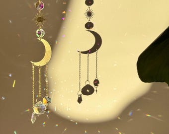 Atrapasueños de luna creciente celestial, creador de arcoíris de cristal, decoración artesanal para el hogar, decoración de ventanas, atrapasol de aurora boreal