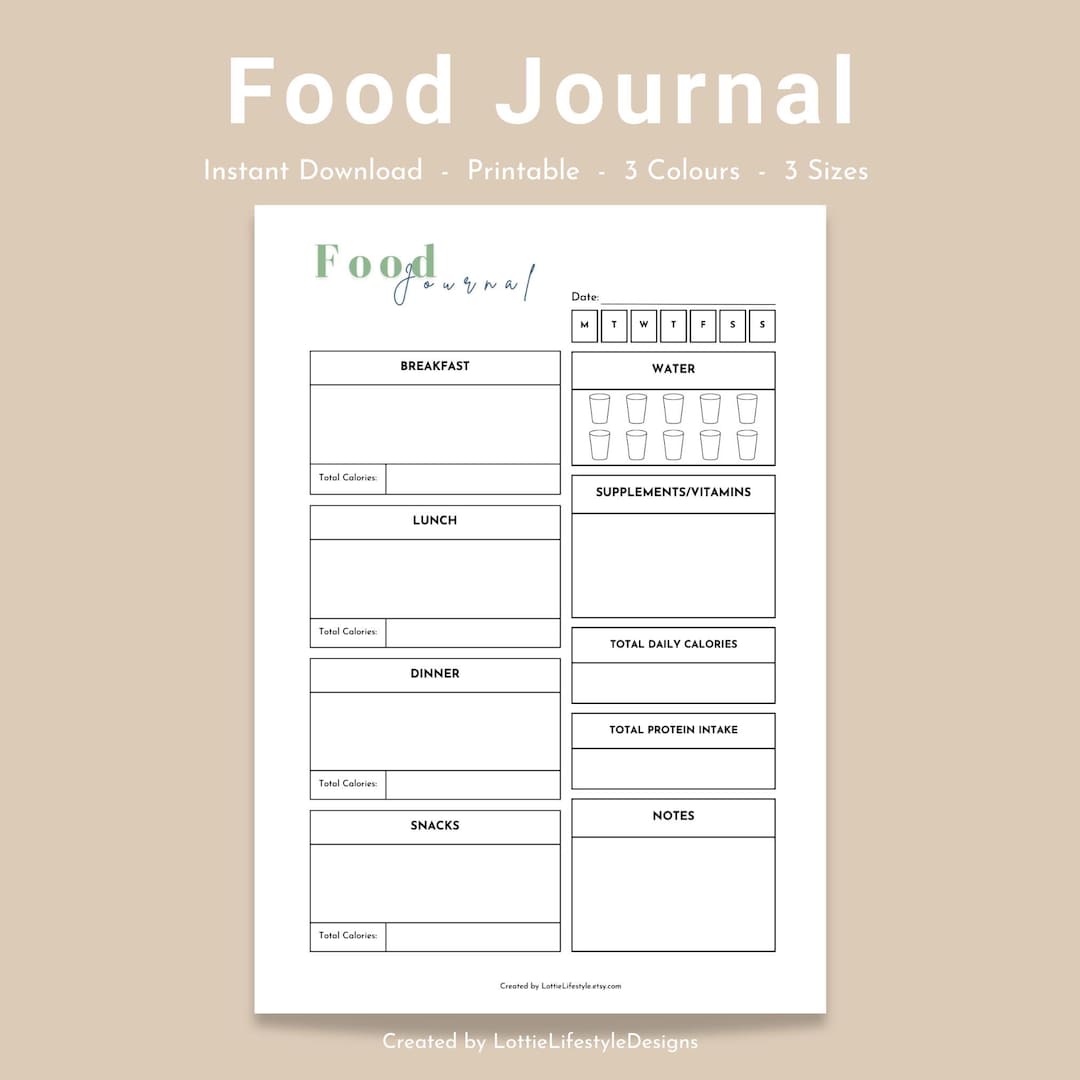 Printable PDF Daily Food Journal, Food Diary, Vitamins Tracker, Calorie ...