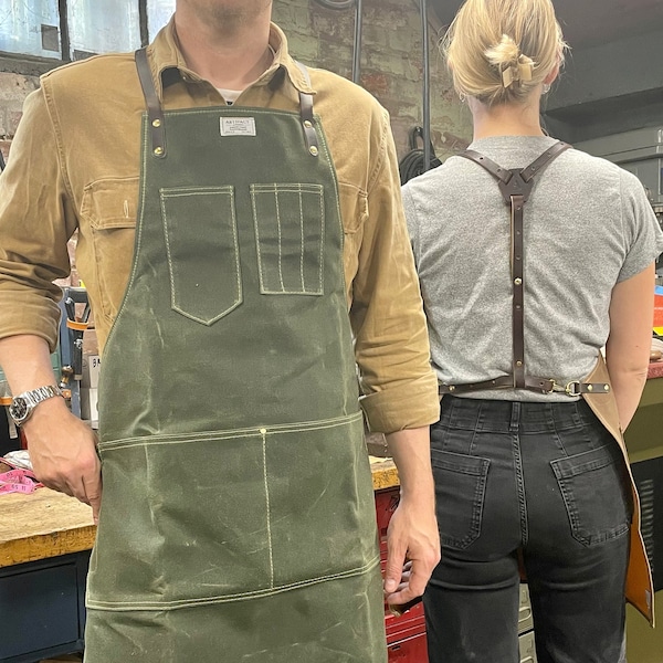 Workshop Apron w/ Leather Y-Strap For Father's Day - Handmade in USA