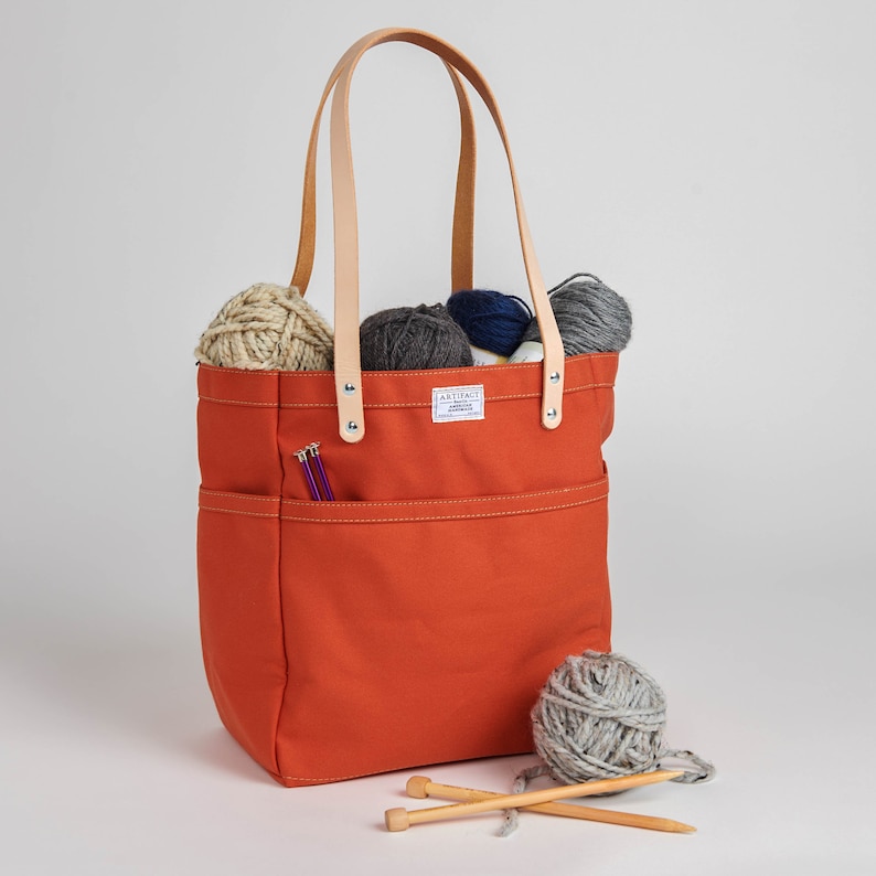 ARTIFACT Canvas Knitting Tote Bag w/ Leather Straps Etsy