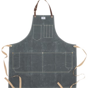 Workshop Apron in Waxed Canvas w/ Removable Leather Strap ARTIFACT Handmade in Omaha, NE Slate Wax