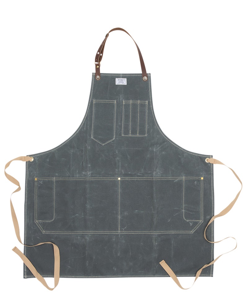 Workshop Apron in Waxed Canvas w/ Removable Leather Strap ARTIFACT Handmade in Omaha, NE Slate Wax