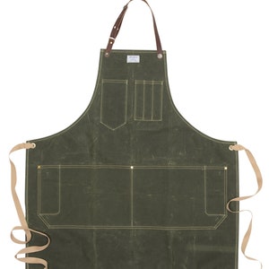 Workshop Apron in Waxed Canvas w/ Removable Leather Strap ARTIFACT Handmade in Omaha, NE Olive Wax