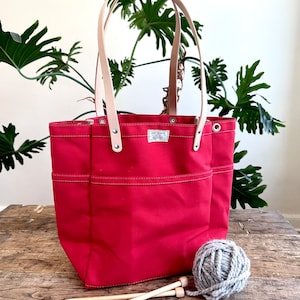 Knitting & Crochet Project Tote Bag w/ Leather Straps ARTIFACT Handmade in Omaha Red (Limited)