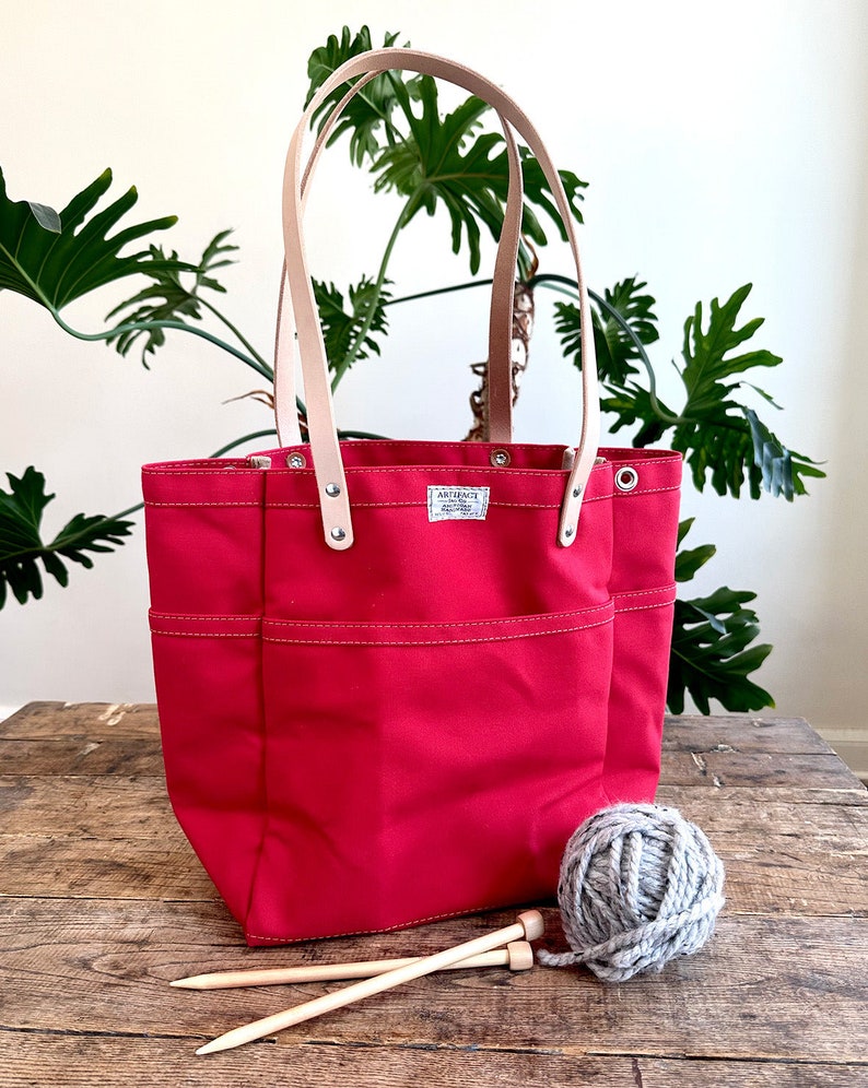 Knitting & Crochet Project Tote Bag w/ Leather Straps ARTIFACT Handmade in Omaha Red (Limited)