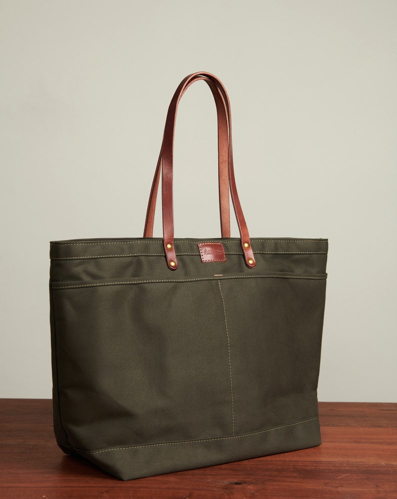Olive Twill & Leather Zipper Tote in 3 Sizes ARTIFACT Etsy